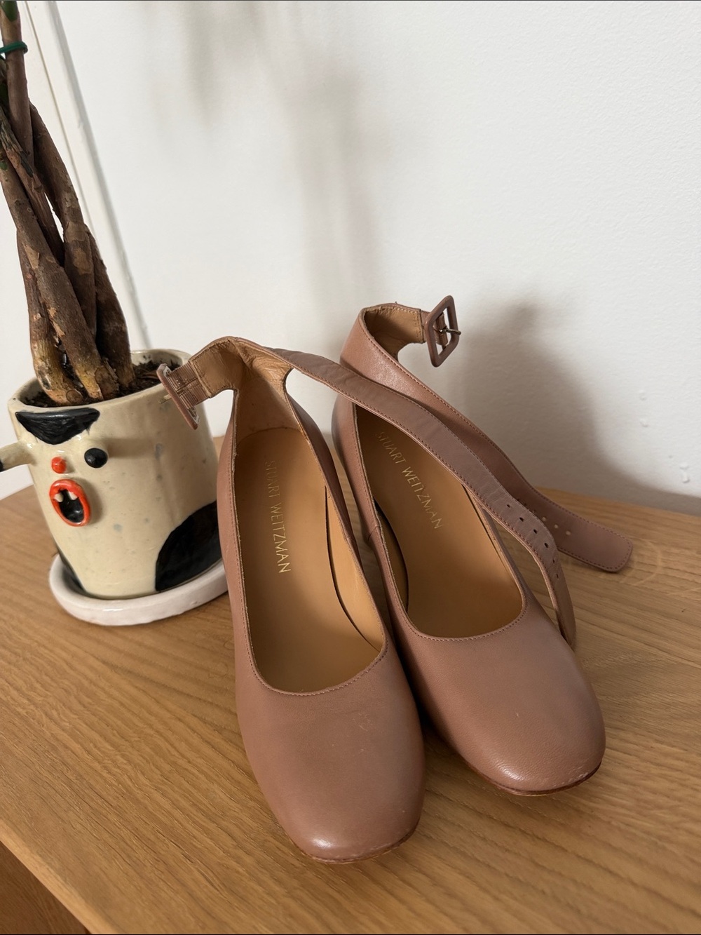 Stuart Weitzman Taupe Leather Ankle-Strap Pumps